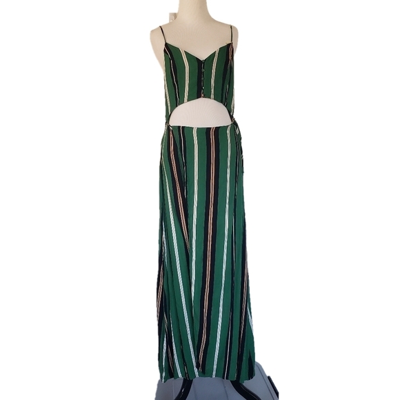 Lush Green Striped Spaghetti Strap Cutout Wrap Dress Size Large - Picture 1 of 5